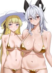 2girls absurdres alternate_costume bare_shoulders bikini black_bow black_horns blonde_hair blush bow boyin breasts chinese_commentary closed_mouth collarbone commentary_request curled_horns gold_bikini grey_hair groin hair_between_eyes hair_bow hat highres horns large_breasts long_hair looking_at_viewer mole mole_on_breast multiple_girls navel parted_lips phoebe_(wuthering_waves) purple_eyes red_eyes revision simple_background stomach swimsuit white_background white_hat wuthering_waves zani_(wuthering_waves)