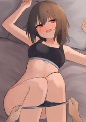 Rule 34 | 1boy, 1girl, ahoge, arms up, bed sheet, black bra, black panties, bra, breasts, brown hair, centi mnkt, collarbone, condom, condom wrapper, condom wrapper in clothes, feet out of frame, haruka (centi mnkt), head tilt, highres, knees up, looking at viewer, lying, medium breasts, on back, open mouth, orange eyes, original, panties, panty pull, pillow, pov, short hair, sidelocks, smile, thighs, training bra, underwear, underwear only