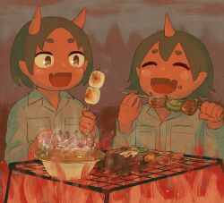 6+others :d absurdres androgynous avogado6 boiling bowl brown_eyes burnt cannibalism closed_eyes collared_shirt colored_skin commentary_request cooking corpse demon demon_horns eating fang fire food food_bite food_on_face grill grilling hands_up hell highres horns long_sleeves marshmallow medium_hair multiple_others open_mouth original pointy_ears red_skin roasted_marshmallow roasting shirt shish_kebab single_horn skewer skin-covered_horns skin_fang smile upper_body