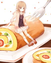 1girl arm_support blouse boyano brown_eyes brown_hair cake expressionless food fork frilled_skirt frills fruit hood hoodie in_food mary_janes mini_person minigirl miniskirt original shirt shoes sitting skirt socks white_legwear