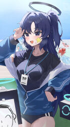 3girls absurdres badge blue_archive blue_hair blue_jacket blush buruma doodle_sensei_(blue_archive) drone halo highres id_card jacket looking_at_viewer maki_(blue_archive) mechanical_halo moly_(molyy0218) multiple_girls noa_(blue_archive) open_clothes open_jacket open_mouth ponytail purple_eyes purple_hair red_hair red_halo sensei_(blue_archive) shirt star_(symbol) star_sticker sticker_on_face t-shirt thighs track_jacket yuuka_(blue_archive) yuuka_(track)_(blue_archive)