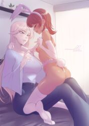 2girls animal_ear_hairband animal_ears arm_around_neck artist_name black_pants blue_shirt blush breasts brown_hair cannellettes closed_eyes closed_mouth commentary dark-skinned_female dark_skin earrings elbow_gloves english_commentary fake_animal_ears fake_tail gloves grey_eyes grey_hair hairband hand_on_another&#039;s_waist highres indoors jewelry long_hair long_sleeves medium_hair multiple_girls nipples on_bed open_mouth original pants plant potted_plant rabbit_ear_hairband rabbit_ears rabbit_tail shirt sitting sitting_on_lap sitting_on_person small_breasts smile tail thighhighs topless_female white_gloves white_thighhighs yuri