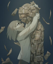 1girl absurdres arms_around_neck arms_up avogado6 banknote falling_money happy highres looking_up marble_background money open_mouth original personification pile_of_money shirt solo white_shirt