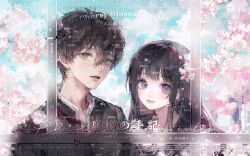 1boy 1girl black_hair black_jacket black_sailor_collar blue_sky blunt_bangs buttons cherry_blossoms chinese_commentary closed_mouth cloud collared_jacket collared_shirt commentary_request commission dagongren_baozai day double-parted_bangs expressionless eyelashes floral_print flower gakuran green_eyes hair_between_eyes happy height_difference highres jacket light_blush lips lipstick long_hair long_sleeves makeup original outdoors pink_flower pink_lips purple_eyes sailor_collar sample_watermark school_uniform serafuku shirt short_hair sky smile spring_(season) straight_hair tareme too_many_watermarks upper_body watermark weibo_watermark white_shirt