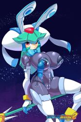 Rule 34 | 1girl, absurdres, black bodysuit, bodysuit, breasts, cameltoe, covered erect nipples, cowboy shot, grey hair, helmet, highres, holding, holding staff, huge breasts, inchduhernz, leotard, long hair, mega man (series), mega man zx, model w (mega man), pandora (mega man), red eyes, see-through clothes, see-through leotard, solo, staff, white helmet