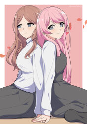Rule 34 | 2girls, bang dream!, bang dream! it&#039;s mygo!!!!!, black dress, black skirt, blue eyes, border, breasts, brown hair, chihaya anon, commentary, dress, falling leaves, grey eyes, holding hands, large breasts, lcl, leaf, long hair, long sleeves, multiple girls, nagasaki soyo, outside border, pinafore dress, pink background, shirt, simple background, sitting, skirt, sleeveless, sleeveless dress, smile, van springfield, white border, white shirt, yuri