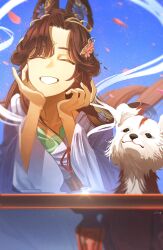 1girl ^_^ black_hair blue_background chinese_clothes closed_eyes creature facing_viewer falling_petals feixianji_(hairstyle) grin hagoromo hair_ornament hand_on_own_cheek hand_on_own_face hands_up hanfu highres jiu_niangzi jiu_niangzi_(blossom_spring_fairy) ling_(chaaaaanhikari) long_hair official_alternate_costume parted_bangs petals pink_petals purple_hanfu reverse:1999 shawl smile solo upper_body very_long_hair white_shawl