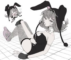 Rule 34 | 1girl, :o, animal ears, black leotard, blush, breasts, brown hair, cleavage, danganronpa (series), danganronpa 2: goodbye despair, detached collar, fake animal ears, fishnet thighhighs, fishnets, galaga, highres, large breasts, leotard, medium hair, mu~u (payapaya1101), nanami chiaki, neck ribbon, pink eyes, pink ribbon, pink shoes, playboy bunny, rabbit ears, ribbon, shoes, spaceship hair ornament, thighhighs, white background