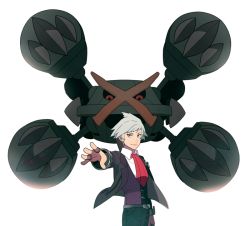 1boy belt belt_buckle black_jacket buckle closed_mouth collared_shirt commentary_request gen_3_pokemon grey_hair jacket jaho jewelry long_sleeves male_focus mega_metagross mega_pokemon metagross necktie nintendo open_clothes open_jacket outstretched_arm pants pokemon pokemon_(creature) pokemon_oras purple_vest red_necktie ring shirt short_hair smile steven_stone vest white_background white_shirt