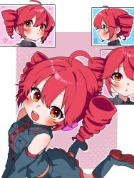 1girl blush boots buttons detached_sleeves drill_hair hashtag-only_commentary heart highres hourglass kasane_teto kasane_teto_(utau) knee_boots long_sleeves looking_at_viewer miniskirt multiple_views open_mouth profile red_eyes red_hair shirt skirt sleeveless sleeveless_shirt twin_drills utau vvv_fnk