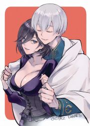 1boy 1girl black_hair border breasts cape closed_eyes collarbone commentary_request couple double-parted_bangs earrings grel_(r6hgvu5) grey_corset grey_eyes grey_hair hair_between_eyes hetero jewelry large_breasts octopath_traveler octopath_traveler_ii open_mouth outside_border short_hair smile temenos_mistral throne_anguis white_border white_cape