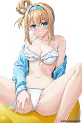 1girl arm_behind_back ass bare_shoulders between_legs bikini blonde_hair blue_eyes blue_hairband blue_jacket blush breasts cleavage clothes_pull front-tie_bikini_top front-tie_top girls&#039;_frontline girls&#039;_frontline_2:_exilium grin hair_between_eyes hairband hand_between_legs highres jacket jacket_pull knee_up medium_breasts medium_hair navel open_clothes open_jacket rubber_duck seraphim_throne sitting smile solo spread_legs stomach suomi_(girls&#039;_frontline) suomi_(midsummer_pixie)_(girls&#039;_frontline) swimsuit thigh_strap thighs white_bikini