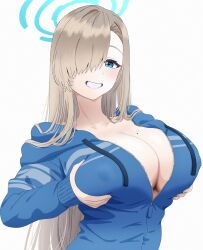 Rule 34 | 1girl, alternate costume, asuna (blue archive), asymmetrical bangs, blonde hair, blue archive, blue eyes, blue hoodie, breast lift, breasts, collarbone, commentary request, covered erect nipples, drawstring, grin, hair over one eye, highres, hood, hoodie, huge breasts, light blush, long hair, looking at viewer, mole, mole on breast, partially unzipped, smile, solo, syougun1106, upper body, white background