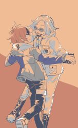 2boys ahoge aotsuki_eito black_gloves black_hair black_pants closed_eyes closed_mouth dancing fingernails full_body glasses gloves highres holding_hands hood hoodie jacket long_sleeves male_focus messy_hair multicolored_hair multiple_boys open_mouth orange_background pants parted_hair red_hair simple_background standing sumino_takumi teeth the_hundred_line_-last_defense_academy- tongue upper_teeth_only white_hair white_jacket white_pants