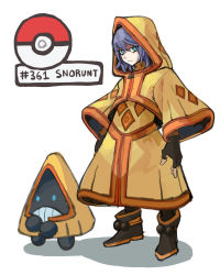 1girl black_footwear black_gloves blank_eyes blue_eyes blue_hair boots bright_pupils character_name closed_mouth creature_and_personification creatures_(company) cropped_jacket dress english_text expressionless female_focus fingerless_gloves flat_chest full_body game_freak gen_3_pokemon gloves hair_between_eyes highres hood hood_up hooded_jacket jacket long_dress long_sleeves looking_at_viewer nintendo personification poke_ball_symbol pokedex_number pokemon pokemon_(creature) saiykik short_hair sidelocks simple_background snorunt standing teeth white_background white_pupils wide_sleeves yellow_dress yellow_jacket zipper_pull_tab