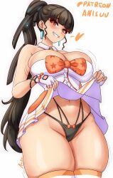 1girl anisdrawn artist_name bare_shoulders black_hair blush breasts brown_eyes clothes_lift earrings eve_(stellar_blade) female_focus hair_ornament hairclip highres jewelry large_breasts long_hair official_alternate_costume panties patreon_username ponytail shiny_skin simple_background skindentation skirt skirt_lift stellar_blade teeth thighhighs thighs underwear white_background white_thighhighs