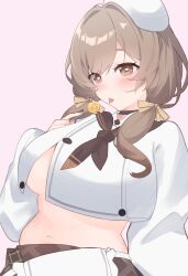 1girl absurdres belly bready_(nikke) breasts brown_eyes brown_hair brown_neckerchief candy chef_hat food goddess_of_victory:_nikke hat heart heart-shaped_pupils highres holding holding_candy holding_food l_r_egi large_breasts licking_food lollipop low_twintails navel neckerchief no_bra plump popped_button saliva simple_background symbol-shaped_pupils tongue tongue_out twintails