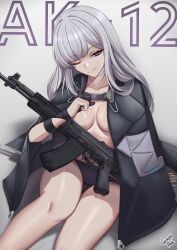 1girl absurdres ak-12 ak-12_(girls&#039;_frontline) artist_name assault_rifle black_cloak black_panties breasts caiman_pool character_name cloak closed_mouth commentary english_commentary girls&#039;_frontline grey_hair gun highres kalashnikov_rifle long_hair looking_at_viewer one_eye_closed panties rifle simple_background sitting smile solo underwear weapon weapon_name white_background