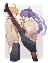 1boy 1girl absurdres aether_(genshin_impact) black_pants black_skirt blonde_hair clothes_grab dl_(dl_6ix) foot_kabedon genshin_impact highres kabedon keqing_(genshin_impact) necktie necktie_grab neckwear_grab pants pantyhose purple_eyes purple_hair school_uniform skirt winter_uniform