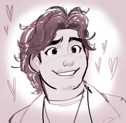 Rule 34 | 1boy, beard stubble, blush, bobby (kpop demon hunters), bukobean, commentary, english commentary, facial hair, heart, highres, kpop demon hunters, looking to the side, male focus, monochrome, smile, stubble, wavy hair
