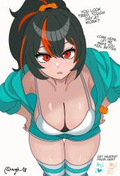 Rule 34 | 1girl, alternate costume, aqua jacket, bent over, casual, english text, highres, jacket, like and retweet, multicolored hair, ponytail, red eyes, red hair, red streaks, solo, streaked hair, thighs, wgh18, zenless zone zero, zhu yuan