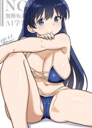 1girl arato_nagi bare_arms bikini black_hair blue_bikini blue_eyes breasts cleavage closed_mouth dated ear_piercing earrings go_yasukuni highres jewelry knee_up large_breasts long_hair navel piercing ruri_no_houseki shadow simple_background sitting smile solo spread_legs stud_earrings swimsuit thighs watermark weibo_watermark white_background