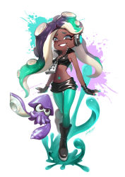 absurdres black_boots black_gloves blue_eyes boots breasts cephalopod_eyes crop_top cropped_vest dark-skinned_female dark_skin dual_persona fingerless_gloves full_body gloves green_hair green_nails green_pantyhose grin headphones hichi highres inkling_(swim_form) lips long_hair marina_(off_the_hook_outfit)_(splatoon) marina_(splatoon) midriff miniskirt mole mole_under_mouth nail_polish navel navel_piercing nintendo octoling paint_splatter pantyhose piercing popped_collar purple_hair signature skirt small_breasts smile solo splatoon_(series) splatoon_2 squid suction_cups tentacle_hair thigh_gap unzipped very_long_hair vest zipper zipper_pull_tab