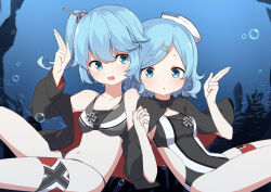 2girls :d :o absurdres air_bubble bare_shoulders bikini black_bikini black_jacket black_one-piece_swimsuit blue_eyes blue_hair blush breasts bubble collarbone cross hair_between_eyes hair_ornament hairclip hand_up hat highres holding_hands iron_cross jacket lizi long_sleeves looking_at_viewer medium_breasts multiple_girls navel off_shoulder one-piece_swimsuit one_side_up open_clothes open_jacket open_mouth parted_lips short_hair small_breasts smile swimsuit u156_(warship_girls_r) u47_(warship_girls_r) underwater v warship_girls_r