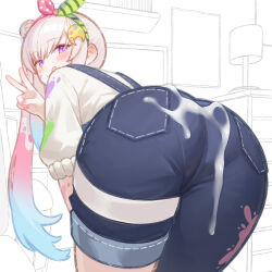 1girl :q absurdres airani_iofifteen airani_iofifteen_(1st_costume) ass ass_focus blue_overalls blush commentary cum cum_on_ass cum_on_body cum_on_clothes english_commentary gradient_hair hair_bun hair_ornament hair_ribbon highres hololive hololive_indonesia long_hair looking_at_viewer merrytail multicolored_hair overalls paint_splatter panties pink_hair purple_eyes ribbon shirt solo tongue tongue_out torn_clothes torn_overalls underwear v virtual_youtuber white_panties