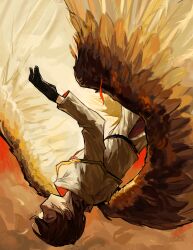 Rule 34 | 1boy, absurdres, black gloves, brown hair, capelet, closed mouth, cloud, coat, commentary, feathered wings, gloves, gold trim, highres, hongyan biaozi chu, jabuchi you, long sleeves, male focus, outdoors, red eyes, saibou shinkyoku, short hair, solo, upside-down, white capelet, white coat, wings