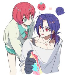 1boy 1girl amate_yuzuriha aqua_eyes blue_hair collared_shirt colored_inner_hair gloves gundam gundam_gquuuuuux heart holding_spray_can looking_at_viewer multicolored_hair necktie open_mouth ponytail purple_hair red_eyes red_hair school_uniform shirt short_hair shuji_ito simple_background skirt smile sweater tomato topograpxicc two-tone_hair white_background white_shirt