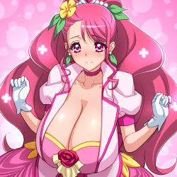1girl blush breasts choker cleavage closed_mouth collarbone cure_grace dress earrings eyelashes flower gloves hair_ornament hanadera_nodoka head_accessory healin&#039;_good_precure huge_breasts jewelry long_hair looking_at_viewer magaki_ryouta magical_girl pink_background pink_dress pink_eyes pink_hair pink_vest precure puffy_short_sleeves puffy_sleeves short_sleeves solo tiara very_long_hair vest wanwandoh white_gloves