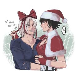 Rule 34 | 1boy, 1girl, black hair, black nails, black shirt, blush, bow, capelet, christmas, closed eyes, dante (devil may cry), devil may cry (series), fur-trimmed capelet, fur trim, hat, hug, jumpoon, lady (devil may cry), merry christmas, nail polish, red bow, santa hat, scar, scar on face, scar on nose, shirt, smile, white hair
