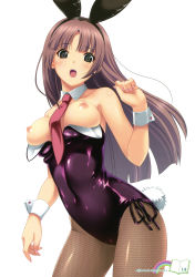 1girl absurdres animal_ears bare_shoulders breasts brown_hair cameltoe character_request fake_animal_ears female_focus fingernails grey_eyes highres koutaro large_breasts leotard nail_(hardware) nail_polish necktie nipples open_mouth pantyhose pink_nails playboy_bunny rabbit_ears rabbit_tail shiny_clothes solo tail wardrobe_malfunction wrist_cuffs