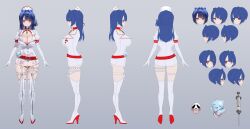 1girl belt blue_hair breasts broken broken_chain buttons chain cleavage dizzy_dokuro dizzy_dokuro_(nurse) dress elbow_gloves gloves hat high_heels highres large_breasts long_hair multiple_views nurse nurse_cap o-ring phase_connect pointy_ears red_belt red_eyes red_shoes reference_sheet ruhee second-party_source shoes skull-shaped_pupils symbol-shaped_pupils syringe thigh_strap thighhighs virtual_youtuber white_dress white_gloves white_thighhighs