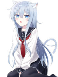 Rule 34 | 1girl, :o, anchor symbol, animal ear fluff, animal ears, between legs, black thighhighs, blue eyes, blue hair, blue sailor collar, blue skirt, blush, cat ears, cat girl, collarbone, commentary, double-parted bangs, fang, full body, hair between eyes, hand between legs, hibiki (kancolle), highres, kantai collection, kemonomimi mode, long hair, long sidelocks, long sleeves, looking at viewer, neckerchief, pleated skirt, red neckerchief, sailor collar, school uniform, serafuku, shikuro (iorimiyakiyo), shirt, sidelocks, simple background, sitting, skin fang, skirt, solo, thighhighs, very long hair, wariza, white background, white shirt