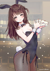 1girl akishino_yuzuki animal_ears bar_(place) bartender black_bow black_bowtie black_leotard bow bowtie breasts cleavage cocktail_shaker commentary_request detached_collar fake_animal_ears fishnet_pantyhose fishnets indie_virtual_youtuber kurosiro_neko leotard medium_breasts pantyhose playboy_bunny rabbit_ears rabbit_tail side-tie_leotard solo strapless strapless_leotard tail virtual_youtuber wrist_cuffs