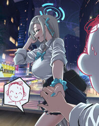 1boy 1girl absurdres asuna_(blue_archive) asuna_(school_uniform)_(blue_archive) bag black_bag blue_archive blue_bow blue_bowtie blue_eyes blue_halo blue_nails blue_ribbon blue_skirt bow bowtie breasts bridge building city_lights cloud collared_shirt commentary_request cowboy_shot crosswalk doodle_sensei_(blue_archive) english_text fingernails from_side grey_hair hair_ribbon halo hand_up highres holding_hands huge_breasts korean_commentary long_hair long_sleeves miniskirt nail_polish night night_sky open_mouth outdoors pedestrian_bridge pleated_skirt ribbon road roan_green school_bag school_uniform sensei_(blue_archive) shirt shirt_tucked_in sideways_mouth sign skirt sky skyscraper sleeves_rolled_up smile speech_bubble spoken_character star_(sky) starry_sky street teeth tree upper_teeth_only very_long_hair walking white_shirt wing_collar