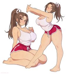 1girl absurdres breasts brown_eyes brown_hair celebelian cleavage closed_eyes dolphin_shorts fatal_fury highres large_breasts long_hair looking_at_viewer official_alternate_costume ponytail red_shorts shiranui_mai shorts simple_background solo street_fighter street_fighter_6 stretching tank_top thighs white_tank_top