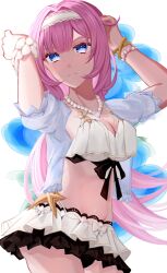1girl absurdres bikini bikini_skirt blue_eyes blue_jacket bracelet breasts closed_mouth commentary cowboy_shot elysia_(honkai_impact) elysia_(miss_pink_elf)_(honkai_impact) elysia_(summer_miss_elf)_(honkai_impact) hairband highres honkai_(series) honkai_impact_3rd jacket jewelry large_breasts long_hair navel necklace official_alternate_costume pearl_necklace pink_hair shell shell_necklace solo stomach swimsuit symbol-only_commentary thighs uzuc4g0 very_long_hair white_bikini white_hairband