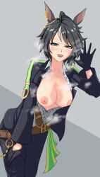 1girl absurdres animal_ears belt bigball black_hair black_jacket black_pants blue_eyes blush breasts breasts_out buttons center_frills collared_jacket collared_shirt ear_ornament ear_piercing frilled_shirt frills fuji_kiseki_(umamusume) gloves grey_hair half-closed_eyes hand_on_own_leg hand_up highres horse_ears jacket jewelry large_breasts leaning_forward long_sleeves looking_at_viewer multicolored_hair nipples no_bra open_mouth outstretched_arm outstretched_hand pants partially_unbuttoned piercing shirt short_hair smile solo spread_fingers standing steaming_body sweat tan tanline two-tone_hair umamusume white_shirt wing_collar