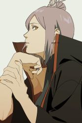 1girl absurdres akatsuki_uniform eyelashes eyeliner from_side highres konan_(naruto) looking_at_viewer makeup naruto_(series) naruto_shippuuden ninja orange_eyes parted_lips pnpk_1013 short_hair solo twitter_username upper_body white_background wide_sleeves