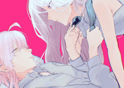 Rule 34 | 2girls, ahoge, aqua necktie, arm support, armpit crease, bare arms, bare shoulders, blue archive, breasts, buttons, chromatic aberration, closed mouth, collared shirt, commentary request, doanobu8817, eye contact, from side, girl on top, grey shirt, hair between eyes, half-closed eyes, hands up, highres, hina (blue archive), hoshino (blue archive), long sleeves, looking at another, lying, multiple girls, necktie, on back, parted lips, partially unbuttoned, pillow, pink background, pink hair, profile, purple eyes, shirt, simple background, sleeveless, sleeveless shirt, small breasts, smile, sweatdrop, undone necktie, undressing another, upper body, white hair, yellow eyes, yuri