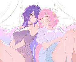 2girls acheron_(honkai:_star_rail) alternate_costume bare_shoulders breasts closed_eyes closed_mouth collarbone commentary cyrene_(honkai:_star_rail) denim denim_shorts hair_ornament highres honkai:_star_rail honkai_(series) knees_up large_breasts long_hair looking_at_another multicolored_hair multiple_girls pink_hair pointy_ears purple_eyes purple_hair samlatte shirt shorts sidelocks signature sitting smile streaked_hair symbol-only_commentary very_long_hair white_shirt