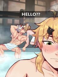 Rule 34 | 3boys, abs, absurdres, animal ears, arataki itto, arm tattoo, blonde hair, blush, brown hair, closed eyes, closed mouth, demon horns, dog ears, facial mark, fake horns, genshin impact, gorou (genshin impact), green eyes, highres, horns, kiss, multicolored hair, multiple boys, muscular, muscular male, onsen, soswii, tattoo, thoma (genshin impact), topless male, towel around waist, yaoi