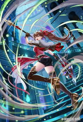 1girl axe black_gloves black_jacket black_shorts boots bow brown_boots brown_eyes brown_hair commentary_request copyright_notice ellen_carson floating_hair from_below full_body fur-trimmed_jacket fur_trim gloves hair_bow holding holding_axe indoors jacket kiba_tori long_hair official_art open_clothes open_jacket open_mouth ponytail red_bow romancing_saga_3 romancing_saga_re;universe saga short_shorts shorts solo stairs thigh_boots very_long_hair