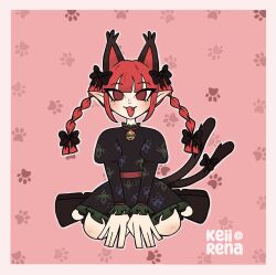 1girl animal_ears bell black_dress braid cat_ears cat_girl cat_tail commentary dress extra_ears fang full_body highres kaenbyou_rin keiirena looking_at_viewer multiple_tails neck_bell open_mouth outline paw_print paw_print_background pink_background pointy_ears red_eyes red_hair side_braids sitting solo symbol-only_commentary tail touhou twin_braids twitter_username two_tails white_outline