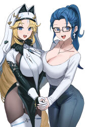 2girls blue_eyes blue_hair breasts cleavage cross cross_earrings earrings goddess_of_victory:_nikke highres holding_hands jewelry large_breasts multiple_girls open_mouth original rapunzel_(nikke) rapunzel_(pure_grace)_(nikke) simple_background skrillex_li smile white_background