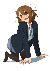 1girl @_@ absurdres all_fours blazer brown_eyes brown_hair brown_pantyhose distress flying_sweatdrops foreshortening from_below hair_ornament hairclip highres hirasawa_yui jacket k-on! kicchi_(tmgk) messy_hair no_shoes open_mouth pantyhose sakuragaoka_high_school_uniform school_uniform short_hair solo sweat white_background