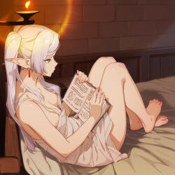 1girl alternate_breast_size barefoot book breasts commentary downblouse earrings elf english_commentary feet feguimel frieren green_eyes highres holding holding_book jewelry long_hair nipple_slip nipples pointy_ears reading revision sitting small_breasts solo sousou_no_frieren twintails white_hair